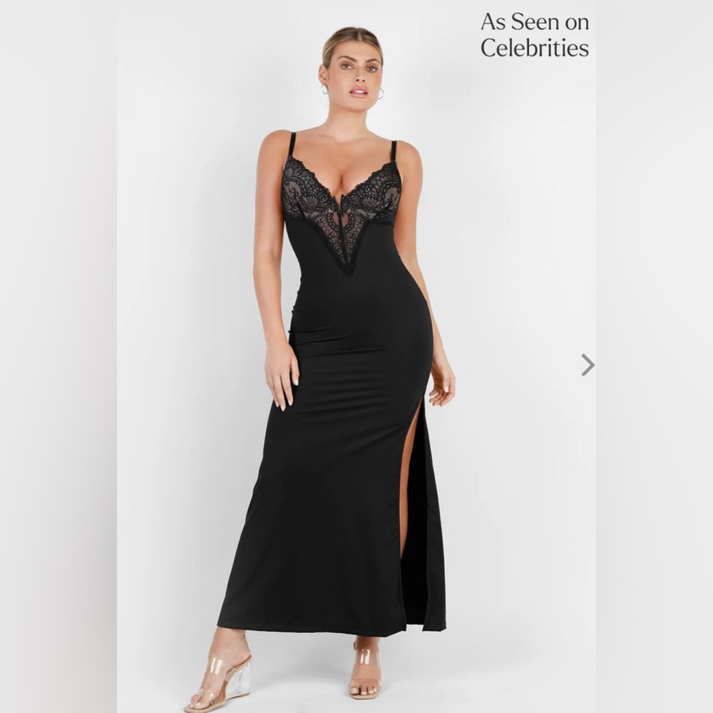 Popilush Shapewear Lace V Neck Side Slit Slimming Maxi Slip Dress SM